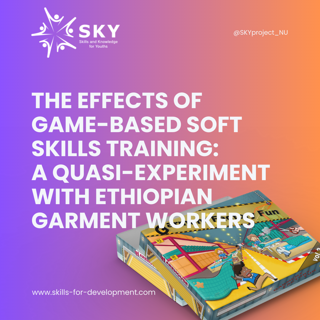  <p>Soft skills are an essential determinant of worker productivity. This study investigates the efficacy of a game-based soft skills training program conducted with 501 workers in Ethiopia’s garment sector. The training was based on behavior modeling theory and included two board games and reflection activities to help participants connect and apply soft skills to their work contexts. The study evaluates the training program, pre- and post-training questionnaires, and a statistical analysis, which indicates that the training resulted in a significant 30.6% improvement in the in work-related soft skills of occupational health and safety, tidiness and cleanliness, workplace efficiency, product quality control, and teamwork of participants.</p>
